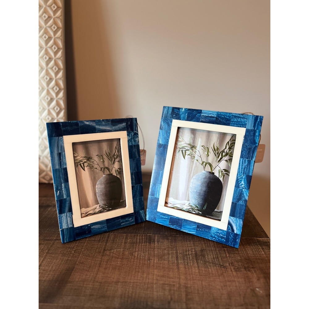 Set of 2 Blue Bone and Resin Mosaic Picture Frames 4x6 5x7 Handcrafted India